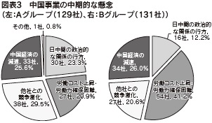 図表3　中国事業の中期的な懸念（左：Aグループ（129社）、右：Bグループ（131社））