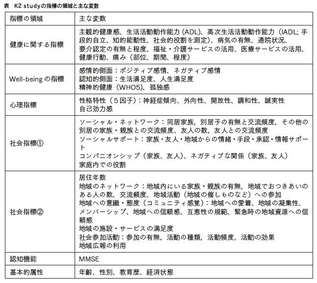 表 K2 studyの指標の領域と主な変数